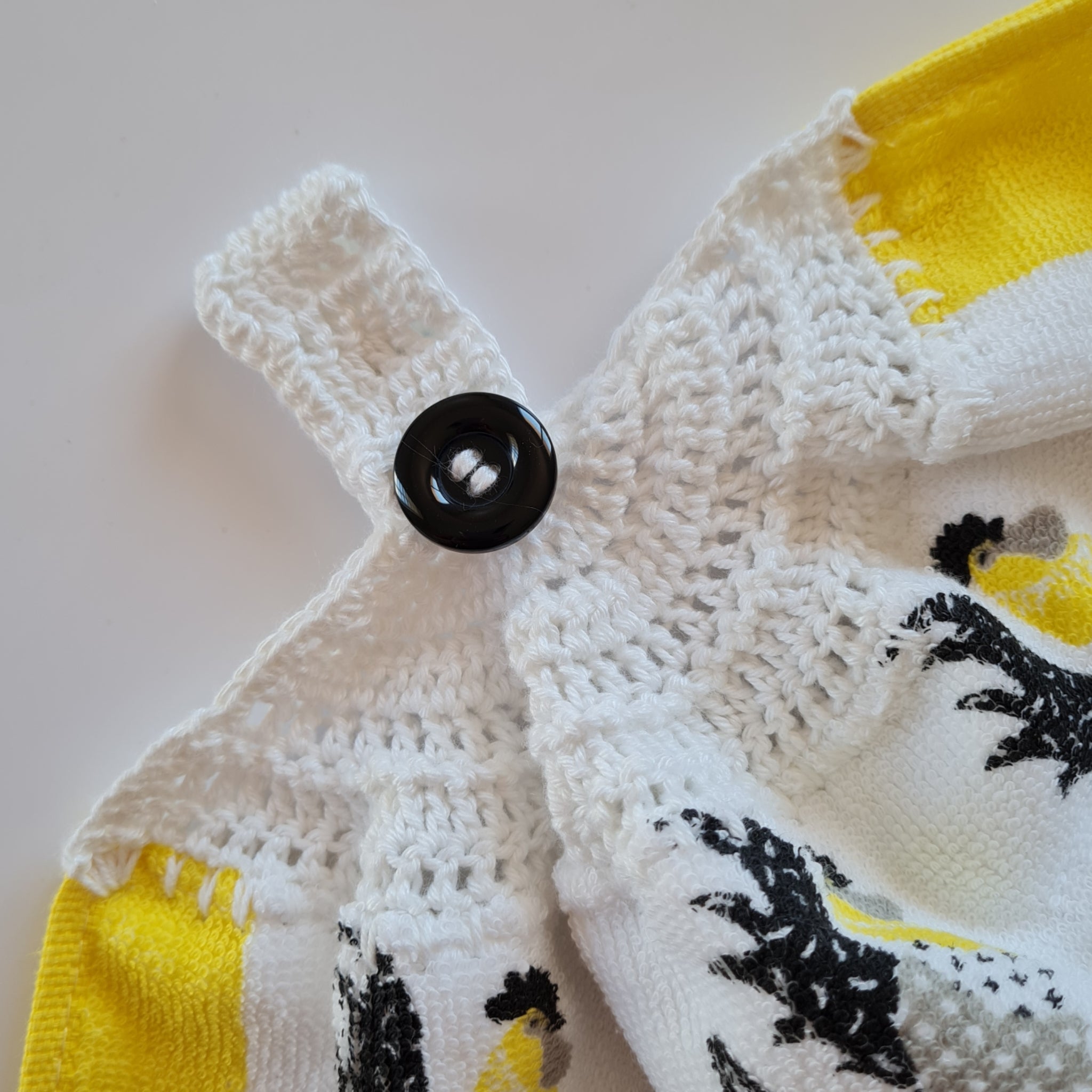 Crochet topped hanging kitchen hand towel -Roosters in a row