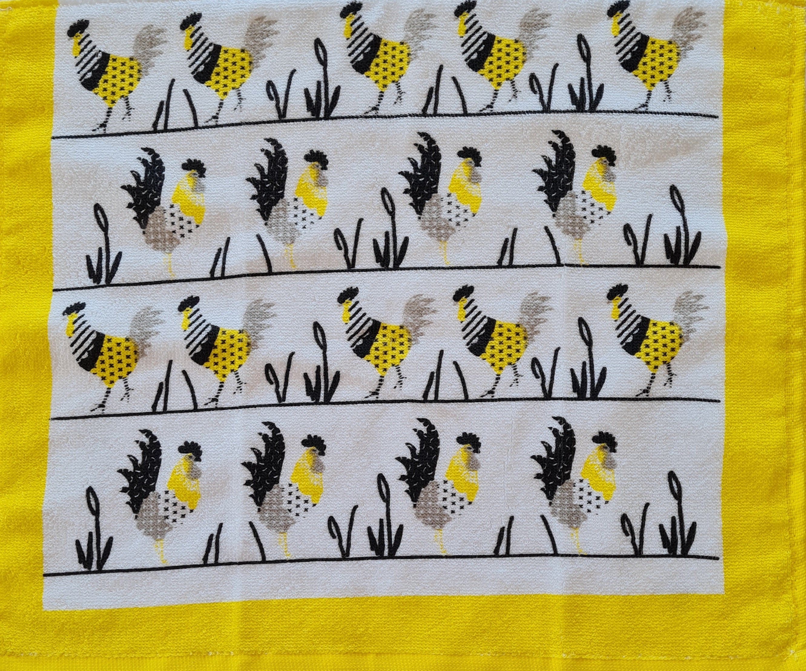 Crochet topped hanging kitchen hand towel -Roosters in a row