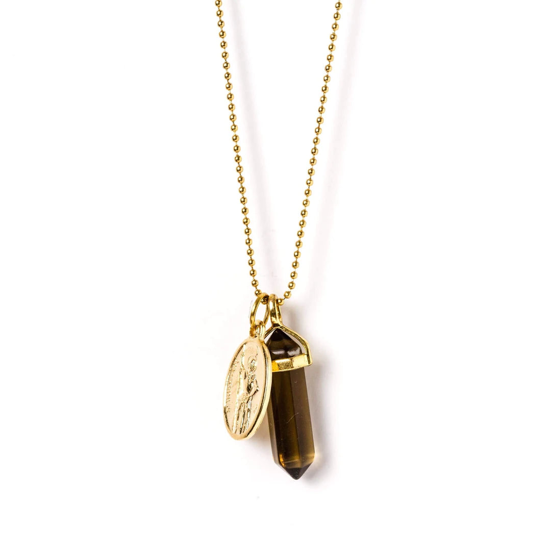 Smokey Quartz & Guardian Angel Gold Necklace