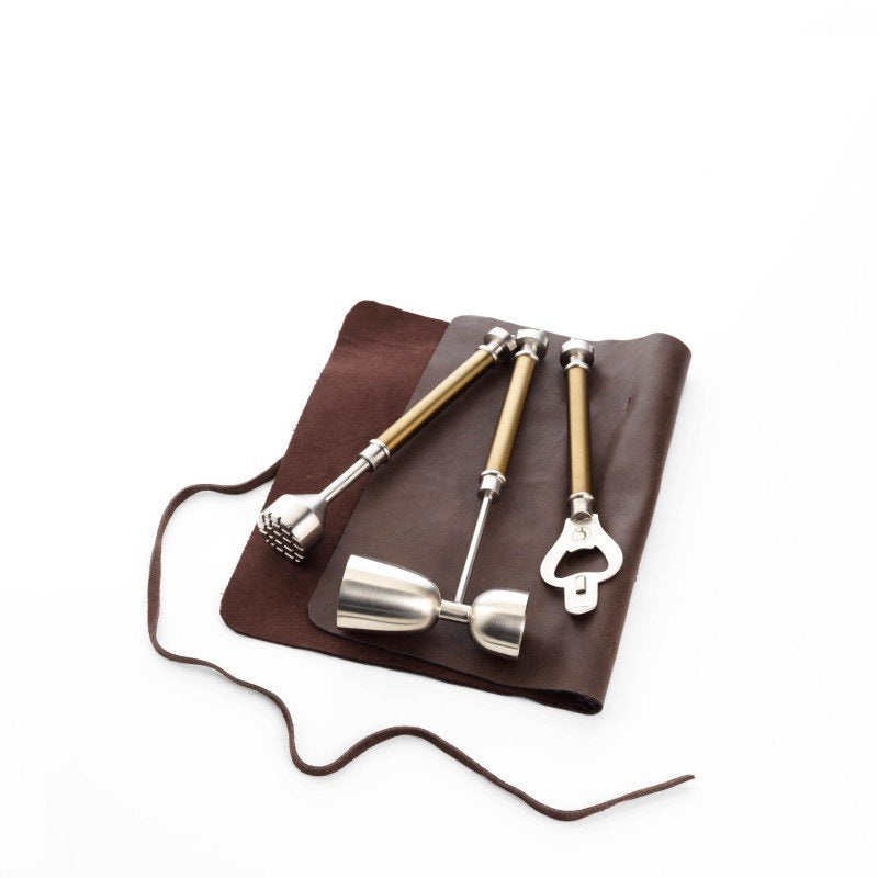 Steel & Brass Cocktail Set with Leather Pouch