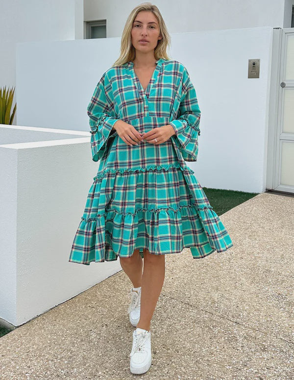 Thalia Check Dress - Turquoise