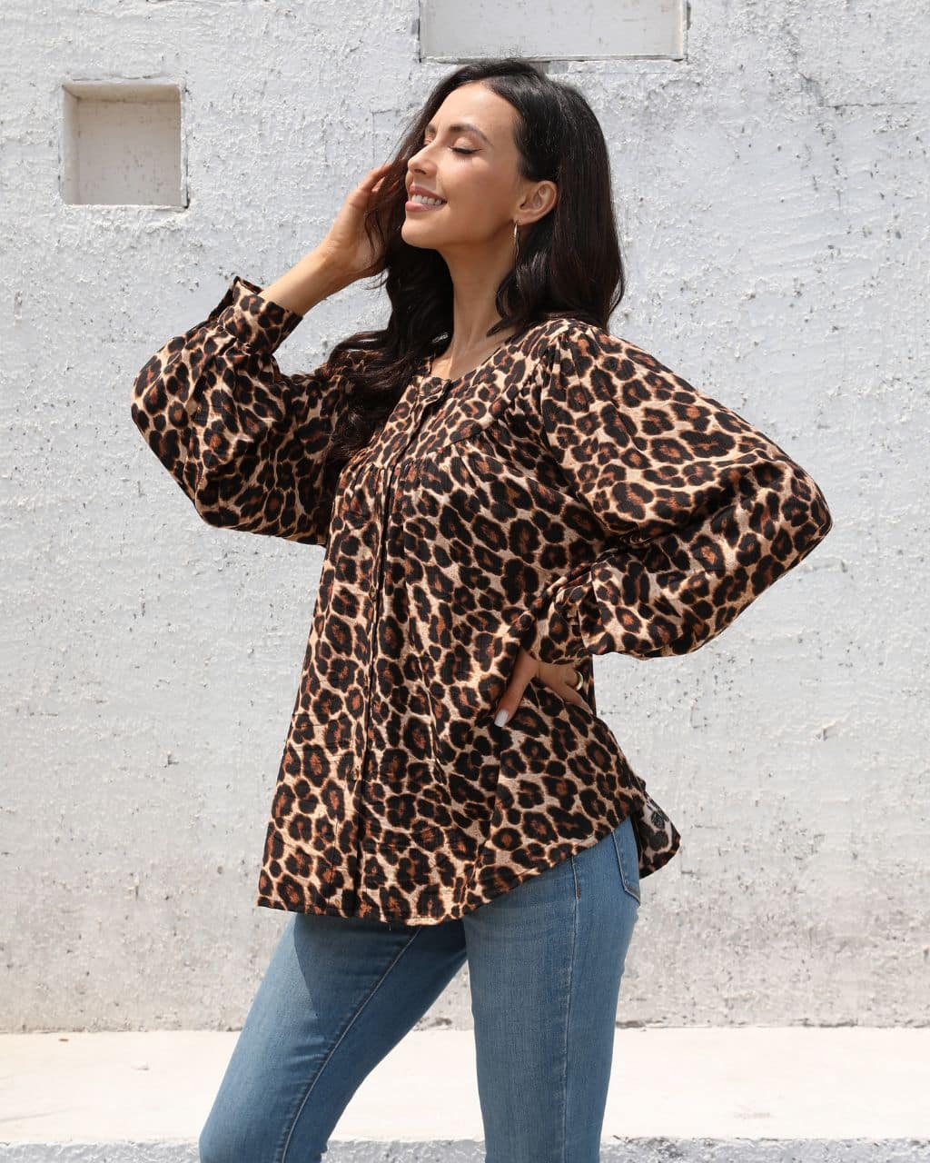 Leopard Print Puff Sleeves Button Up Shirt