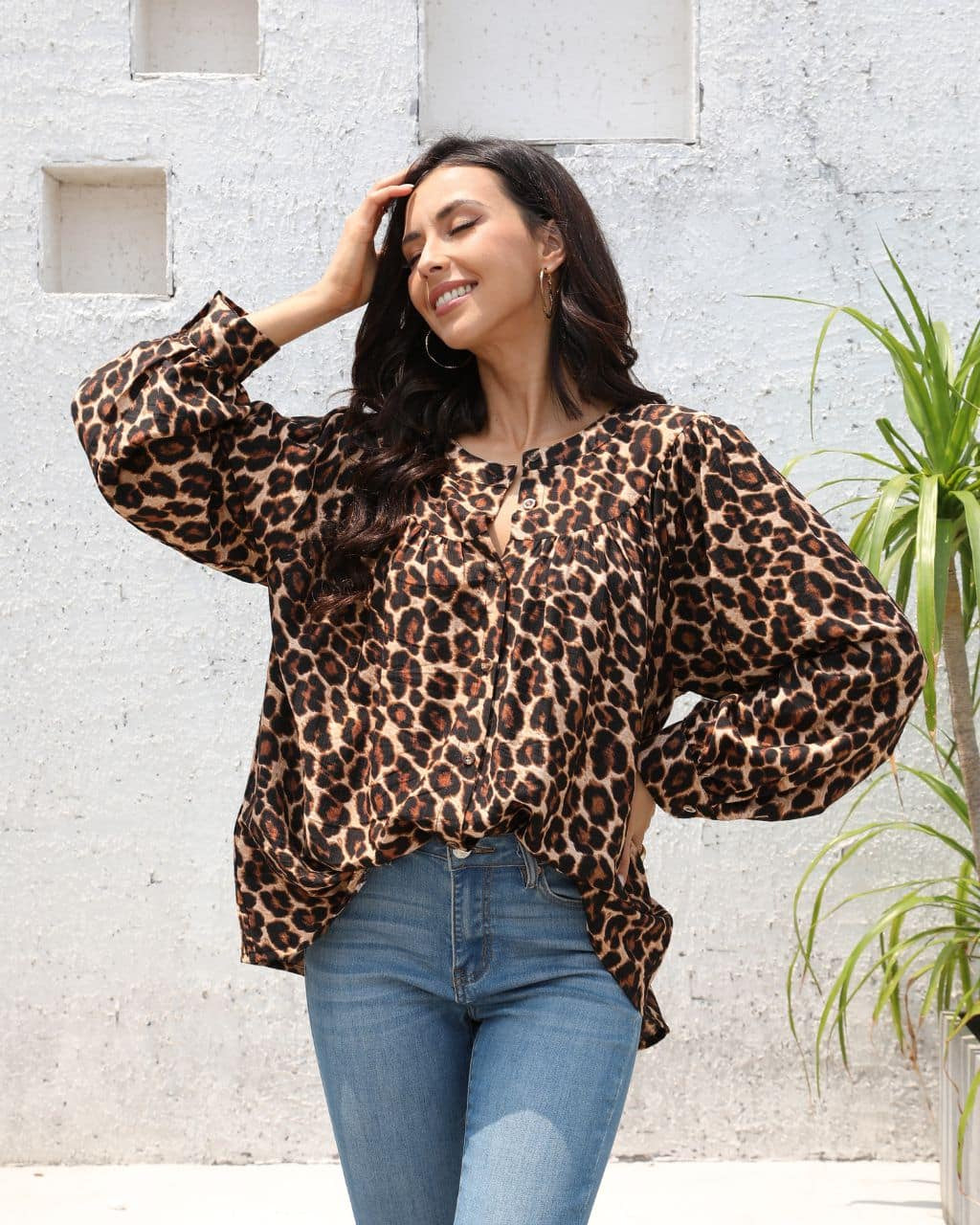 Leopard Print Puff Sleeves Button Up Shirt
