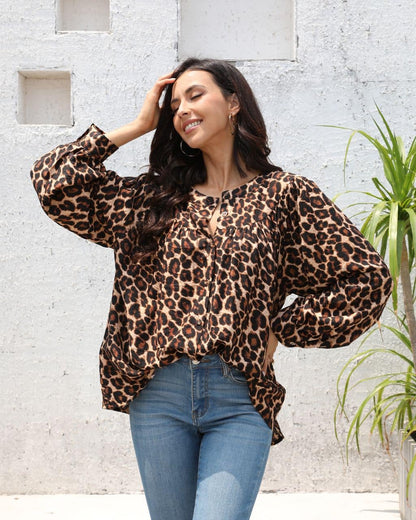 Leopard Print Puff Sleeves Button Up Shirt