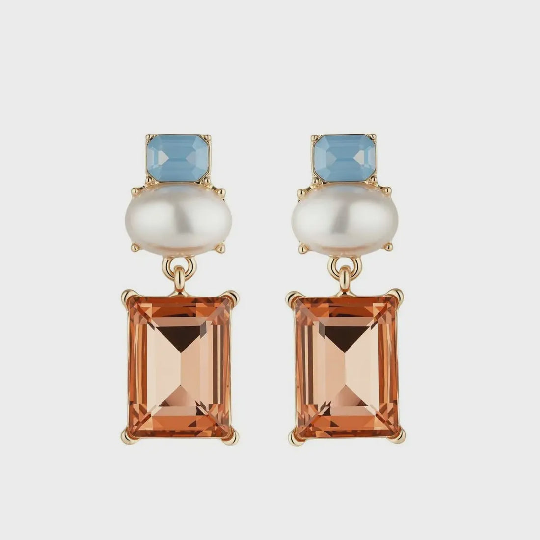 Matilda Geometric Crystal and Faux Pearl Earrings - Blue and Peach