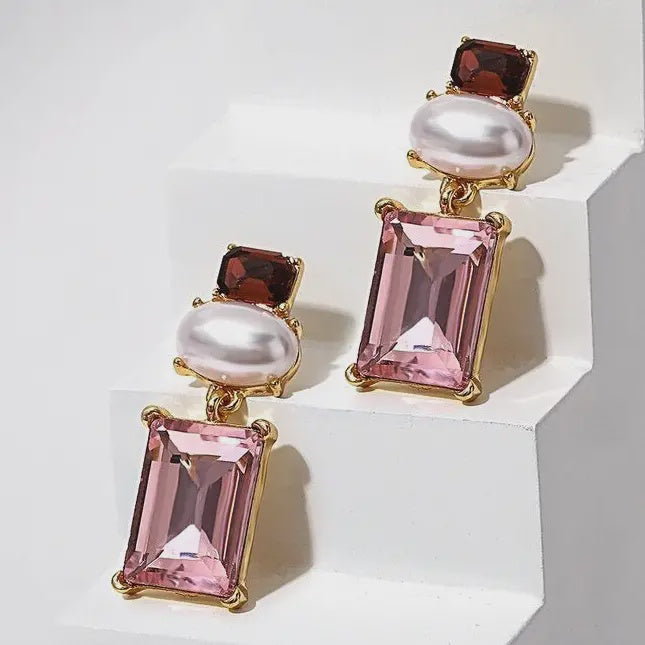 Matilda Geometric Crystal and Faux Pearl Earrings - Pink &amp; Maroon