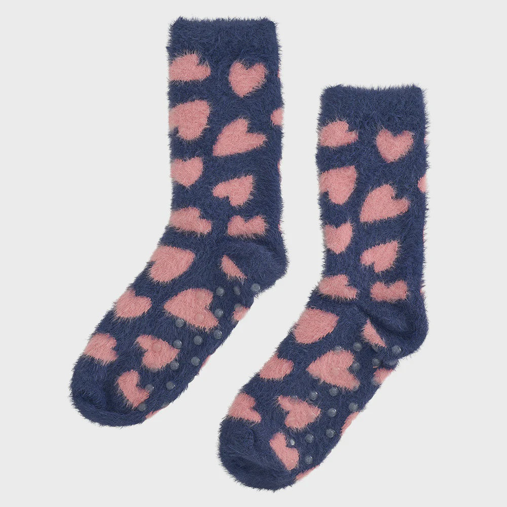 Fuzzy Bed Socks - Navy Heart