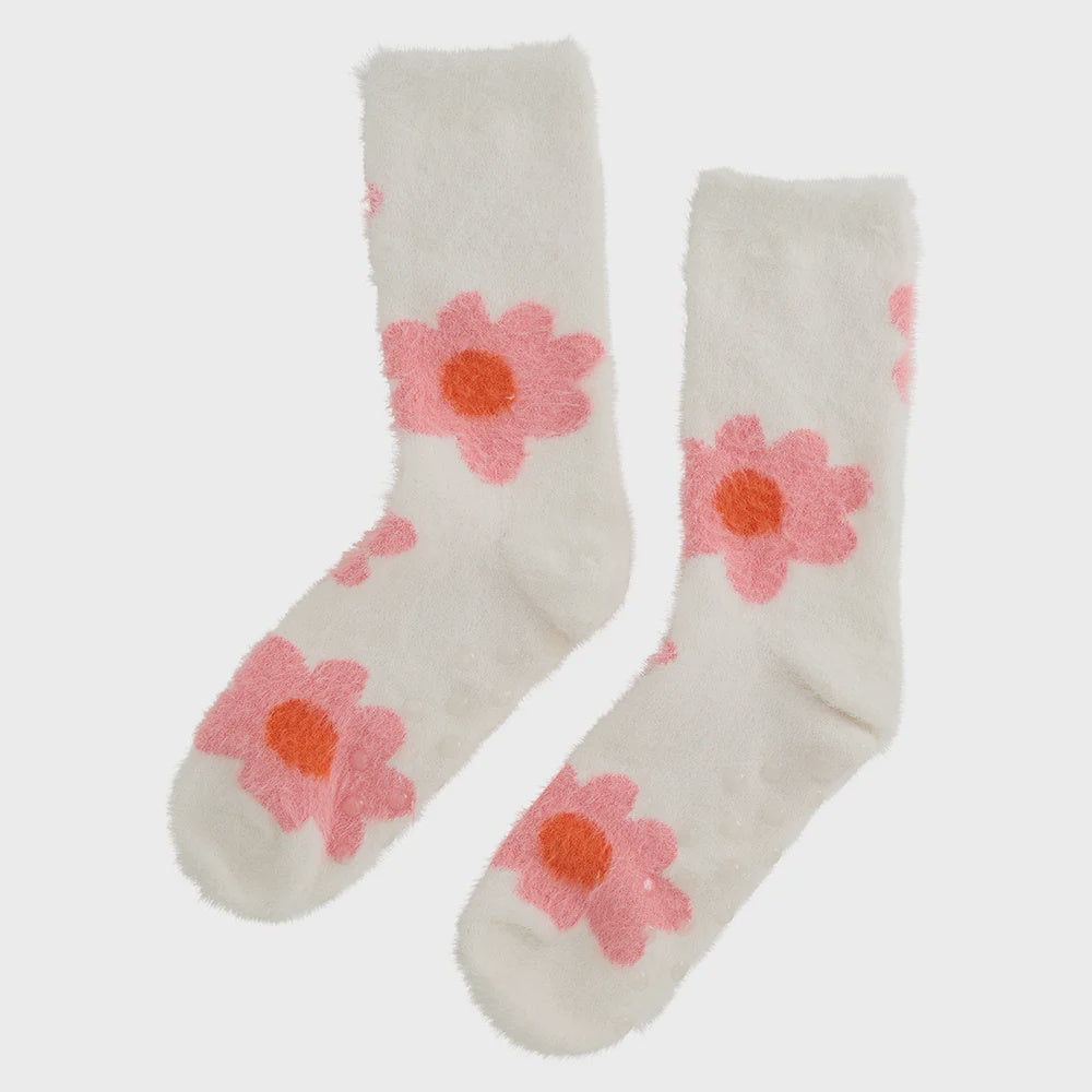 Fuzzy Bed Socks - Big Pink Flower