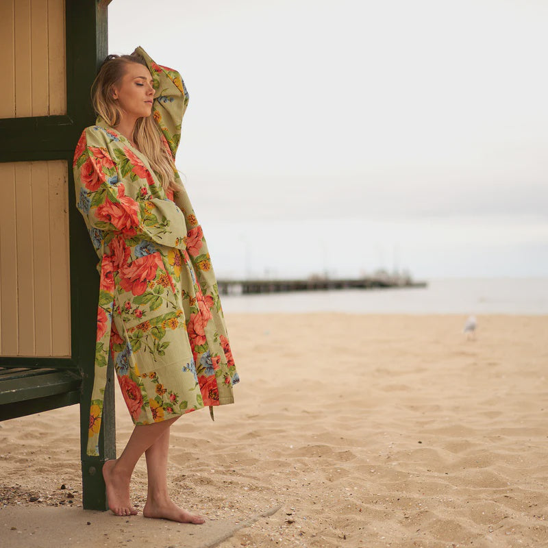 Green Floral Waffle Robe