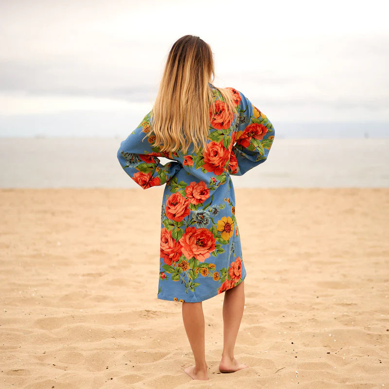 Blue Floral Waffle Robe