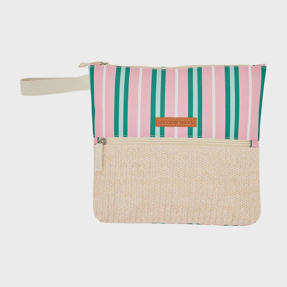 Beach Wet Pouch -  Pink &amp; Green Stripe Rattan Detail