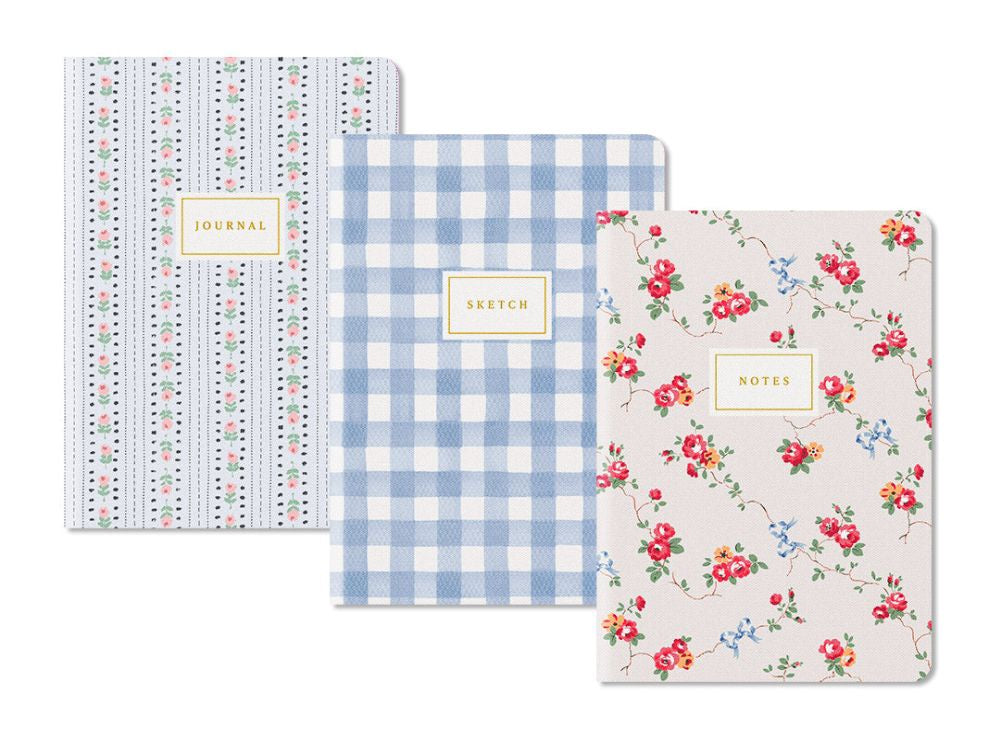 Cath Kidston Medium Notebook Set-Blue Floral &amp; Check