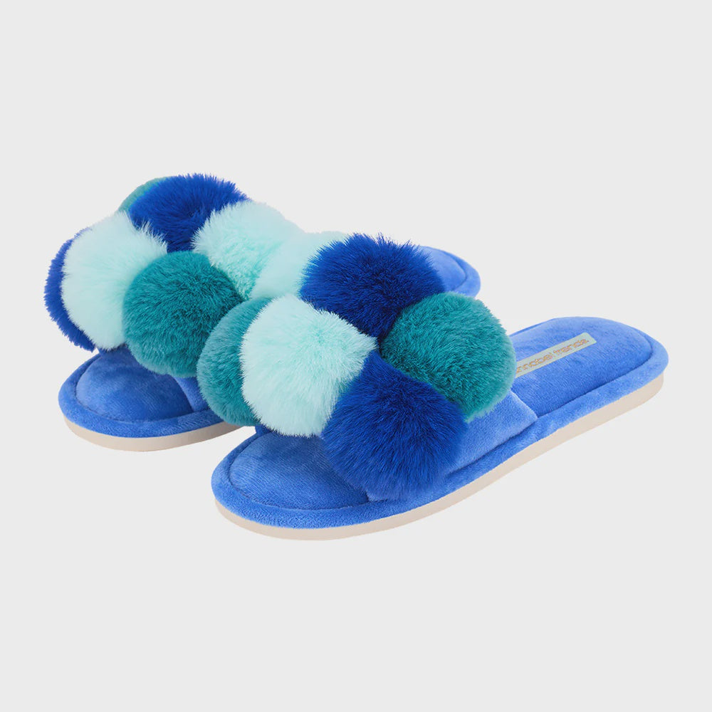 Cosy Luxe Pom Pom Slippers - Multi Blue