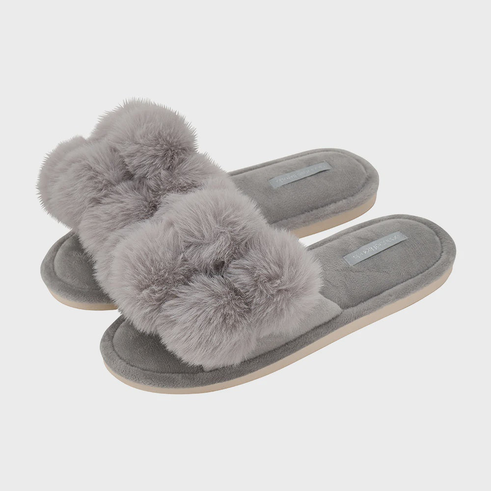 Cosy Luxe Pom Pom Slippers - Grey