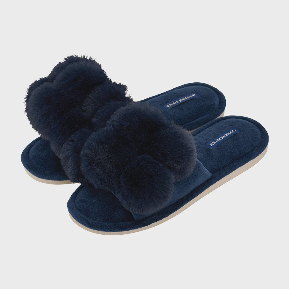 Cosy Luxe Pom Pom Slippers - Navy