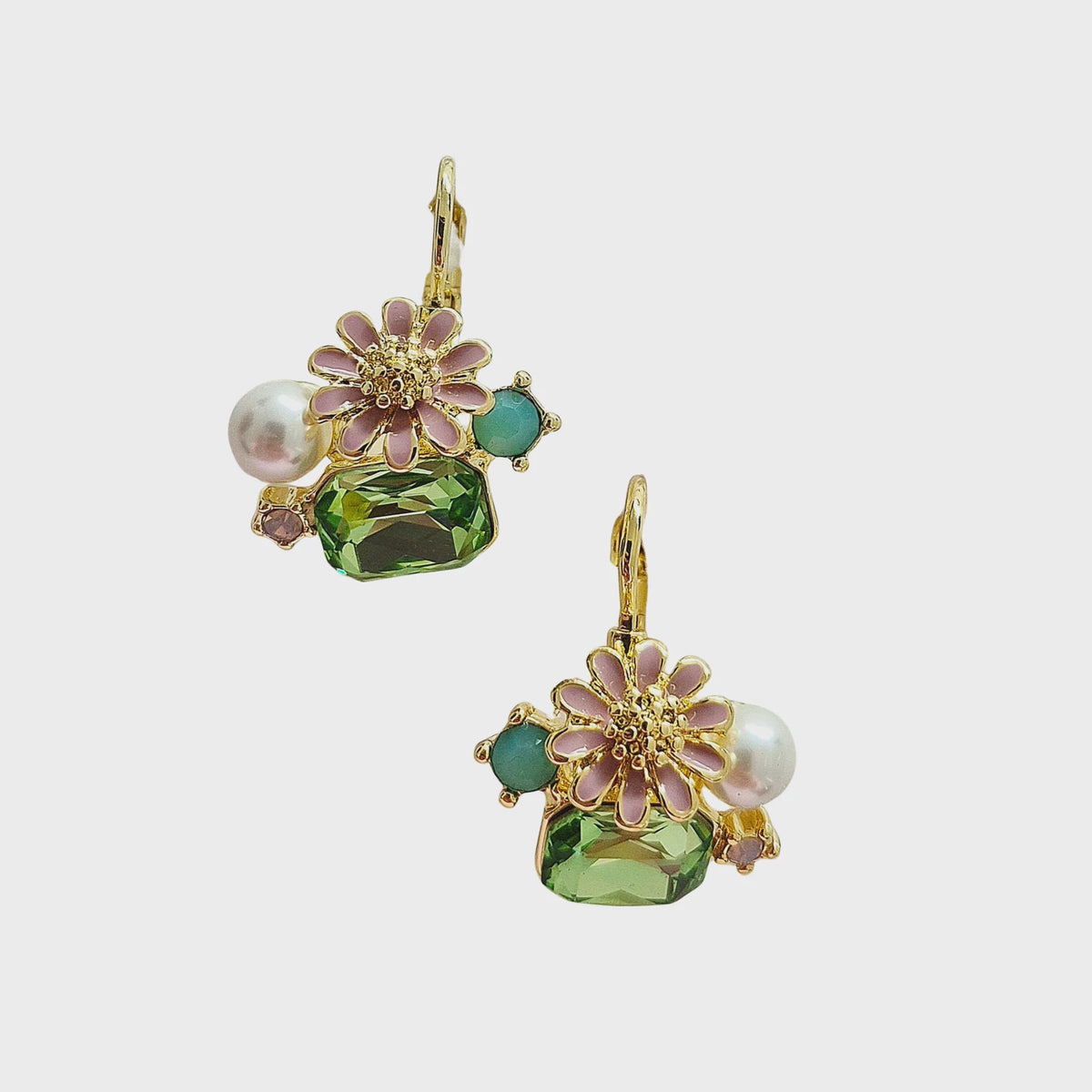 Statement Gem &amp; Enamel Earring -Pink  &amp; Green