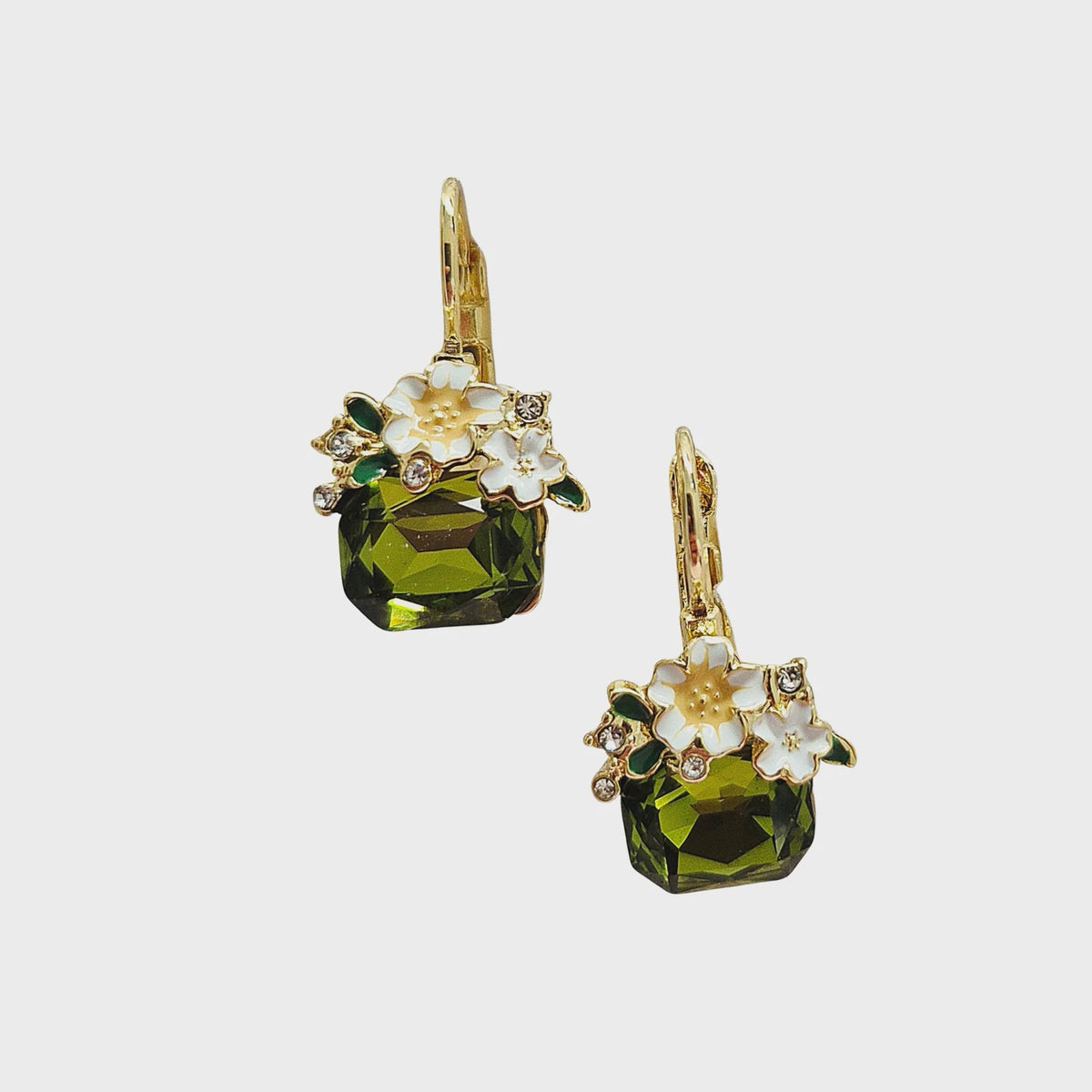 Statement Gem &amp; Enamel Earring - White &amp; Green
