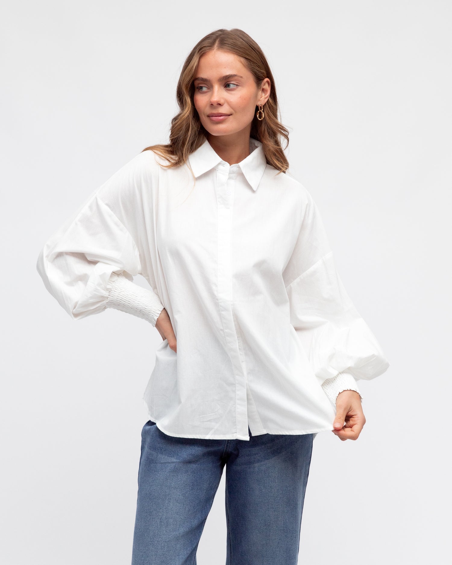 Shirred Cuff Shirt - White