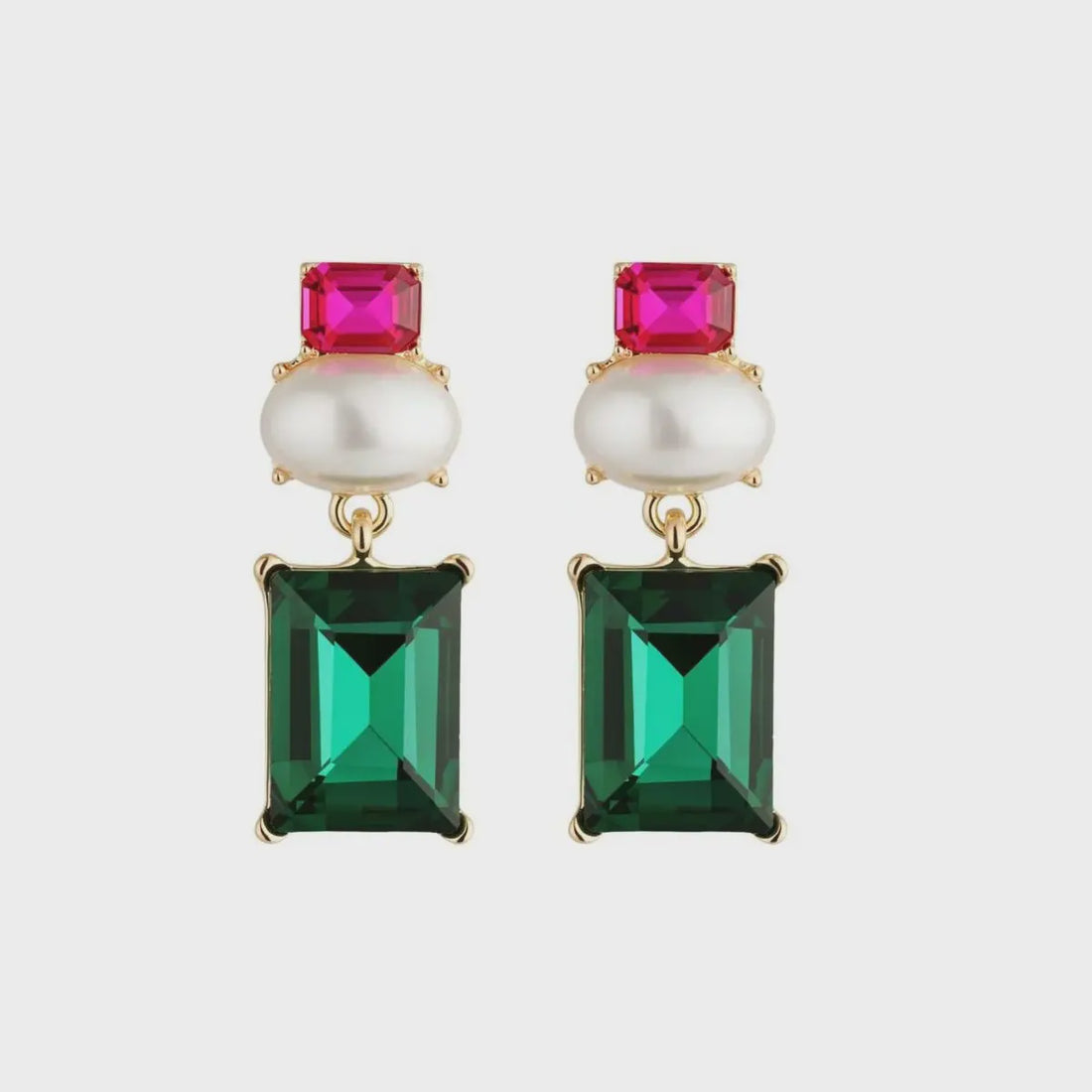 Matilda Geometric Crystal and Faux Pearl Earrings -Fuchsia and Emerald