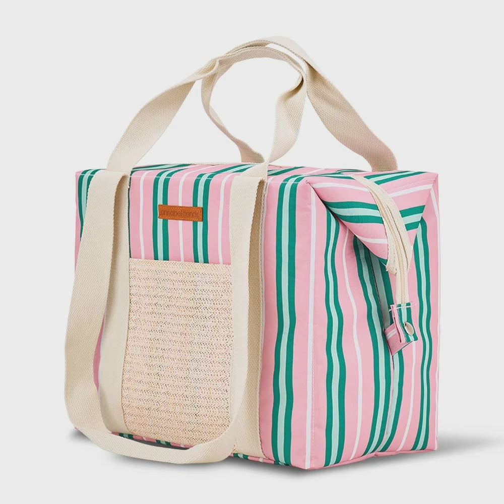 Picnic Cooler Box Bag - Pink &amp; Green Stripe Raffia