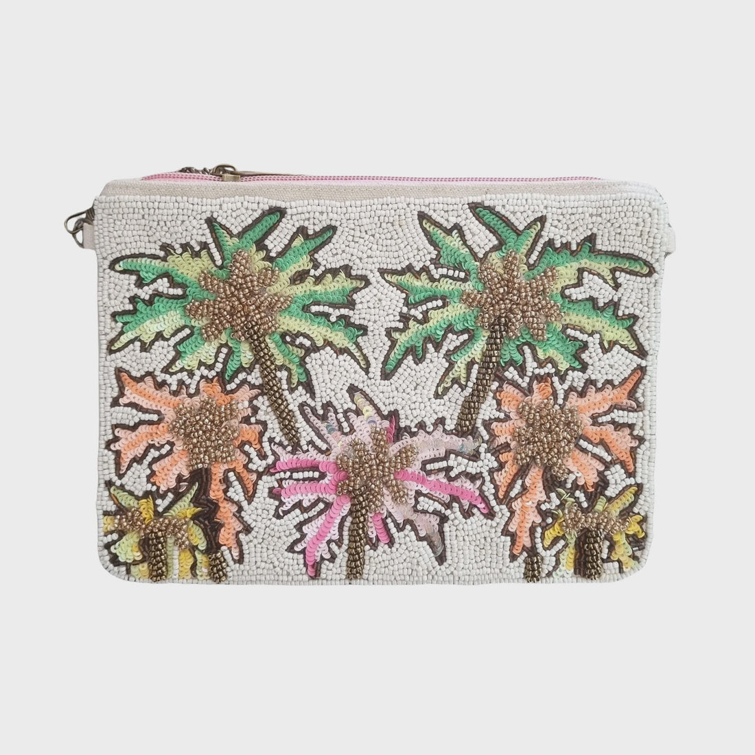 White Beaded Palm Trees Clutch