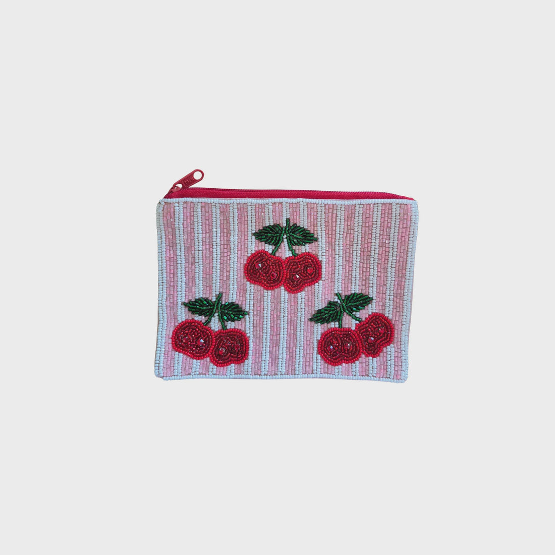 Pink &amp; White Beaded Cherries Zip Pouch