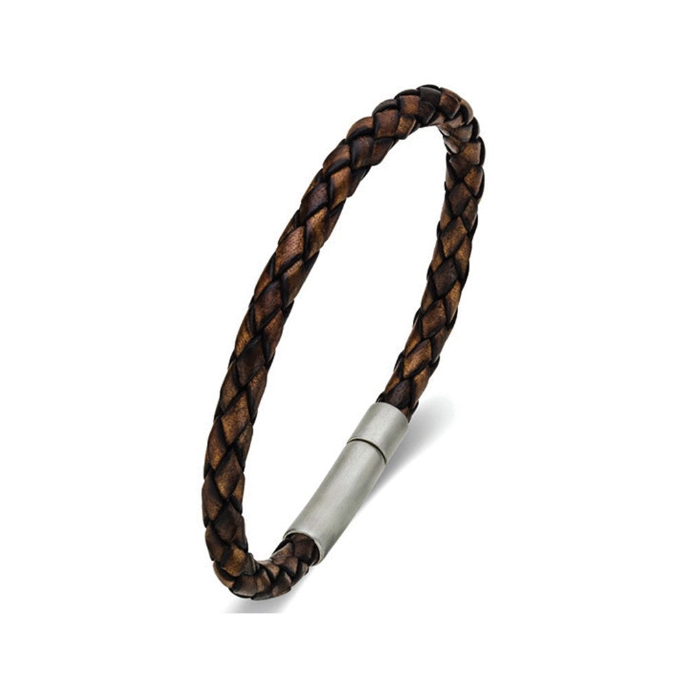 Blaze stainless steel men’s brown leather braided bangle