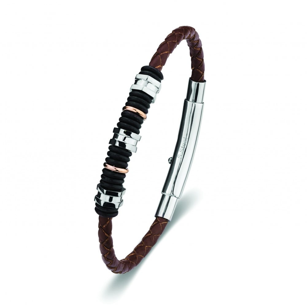 Blaze stainless steel men’s leather bangle with bead detail