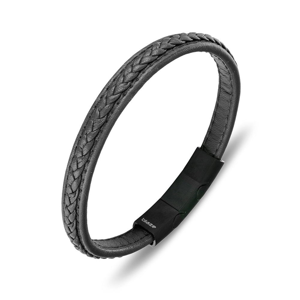 Blaze stainless steel men’s black leather bangle