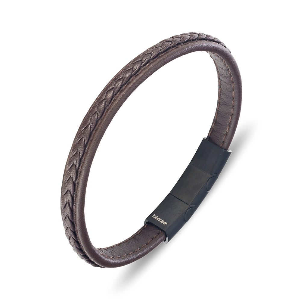 Blaze stainless steel men’s brown leather bangle