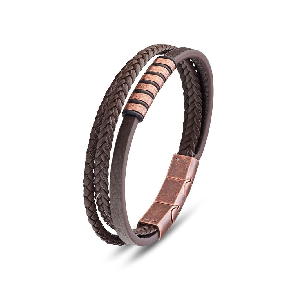 Blaze men’s brown leather multi strand bangle with patina rose gold details and clasp