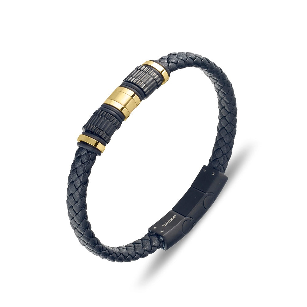 Blaze stainless steel men’s black leather bangle with gold detail