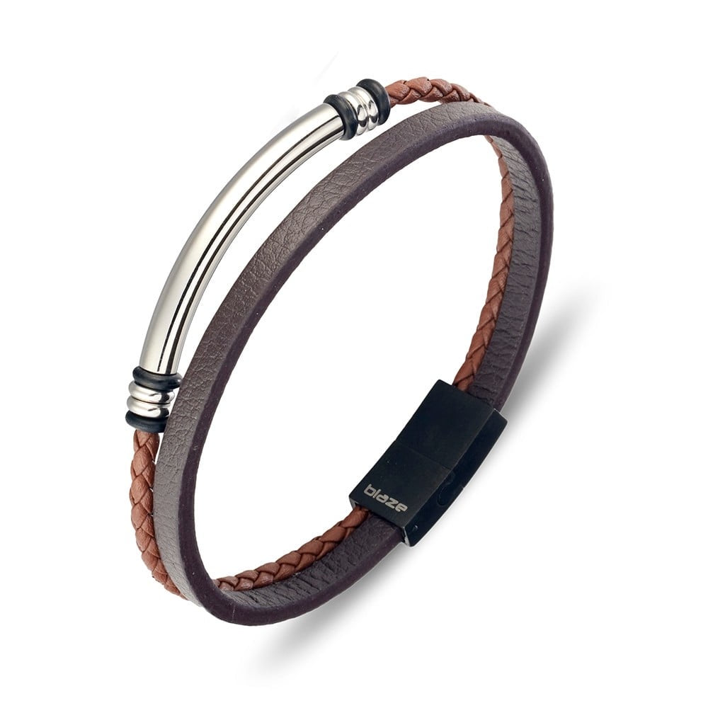 Blaze stainless steel men’s brown leather bangle with steel details