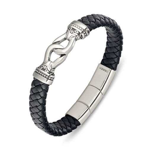 Blaze Stainless Steel Mens Black Leather Bangle with Steel Detail