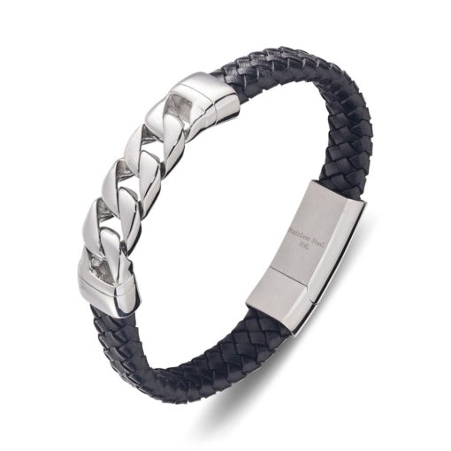 Blaze Stainless Steel Leather Bangle with Chain Link