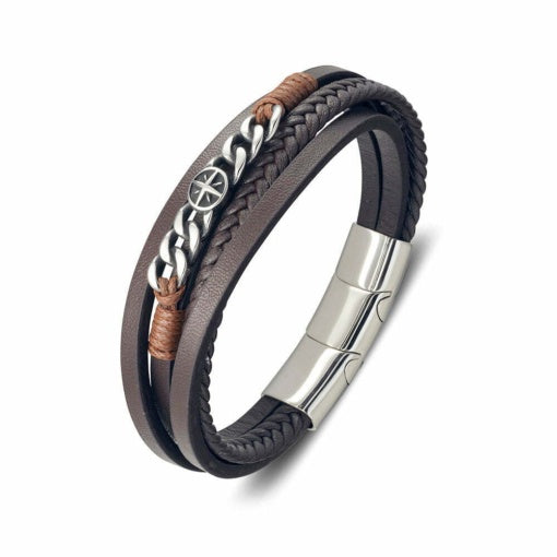 Blaze Stainless Steel Men’s Multi Strand Dark Brown Leather bangle with chain and cross