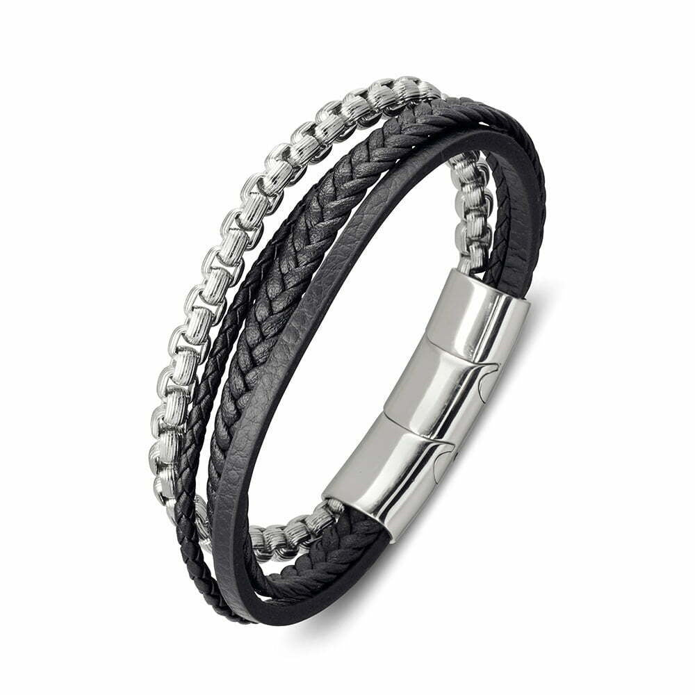 Blaze stainless steel men’s black bangle with braided leather and steel chain strap