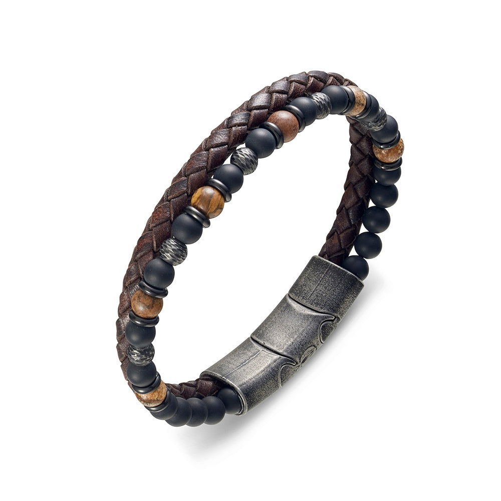 Blaze men’s matte black agate and stone bead bracelet with antique brown leather and brushed stainless steel clasp