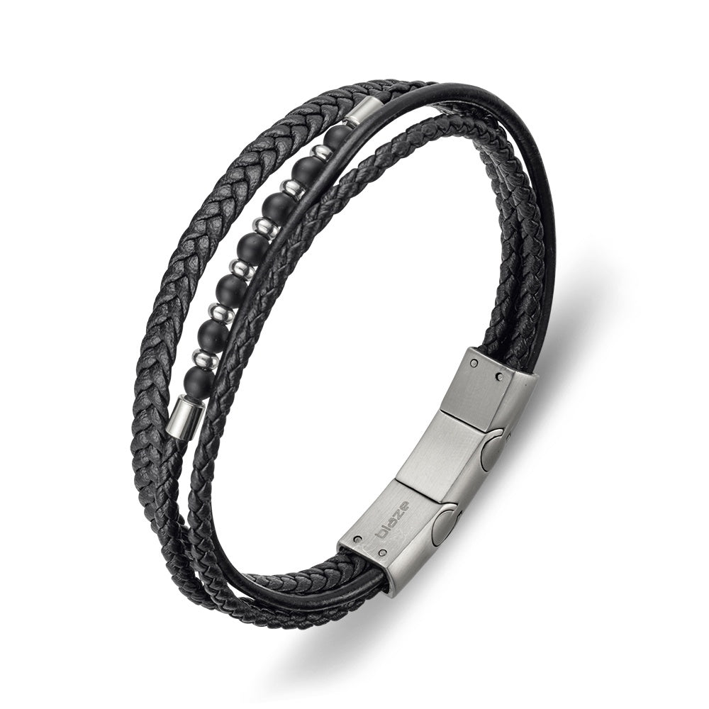 Blaze stainless steel black leather multi bangle with steel details