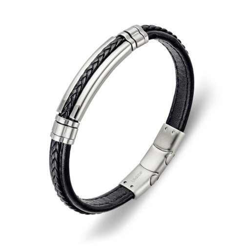 Blaze Stainless Steel 8mm Black Leather Bracelet with Steel Detail