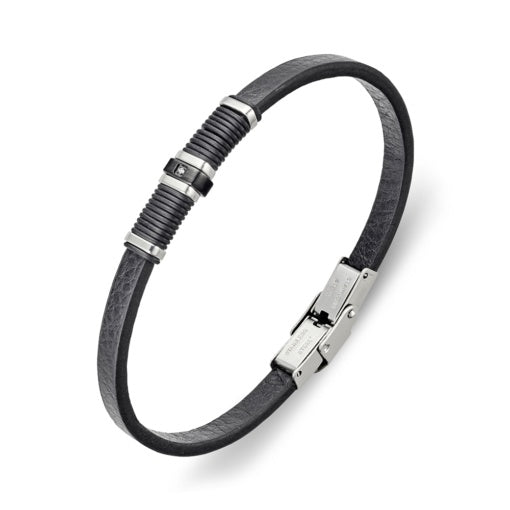 Blaze Stainless Steel 6mm Black Leather Bracelet with CZ Detail