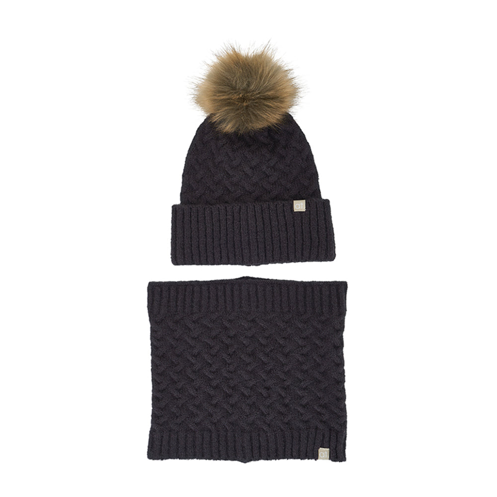 Cable Knit Snood and Beanie Set - Cream Speckle