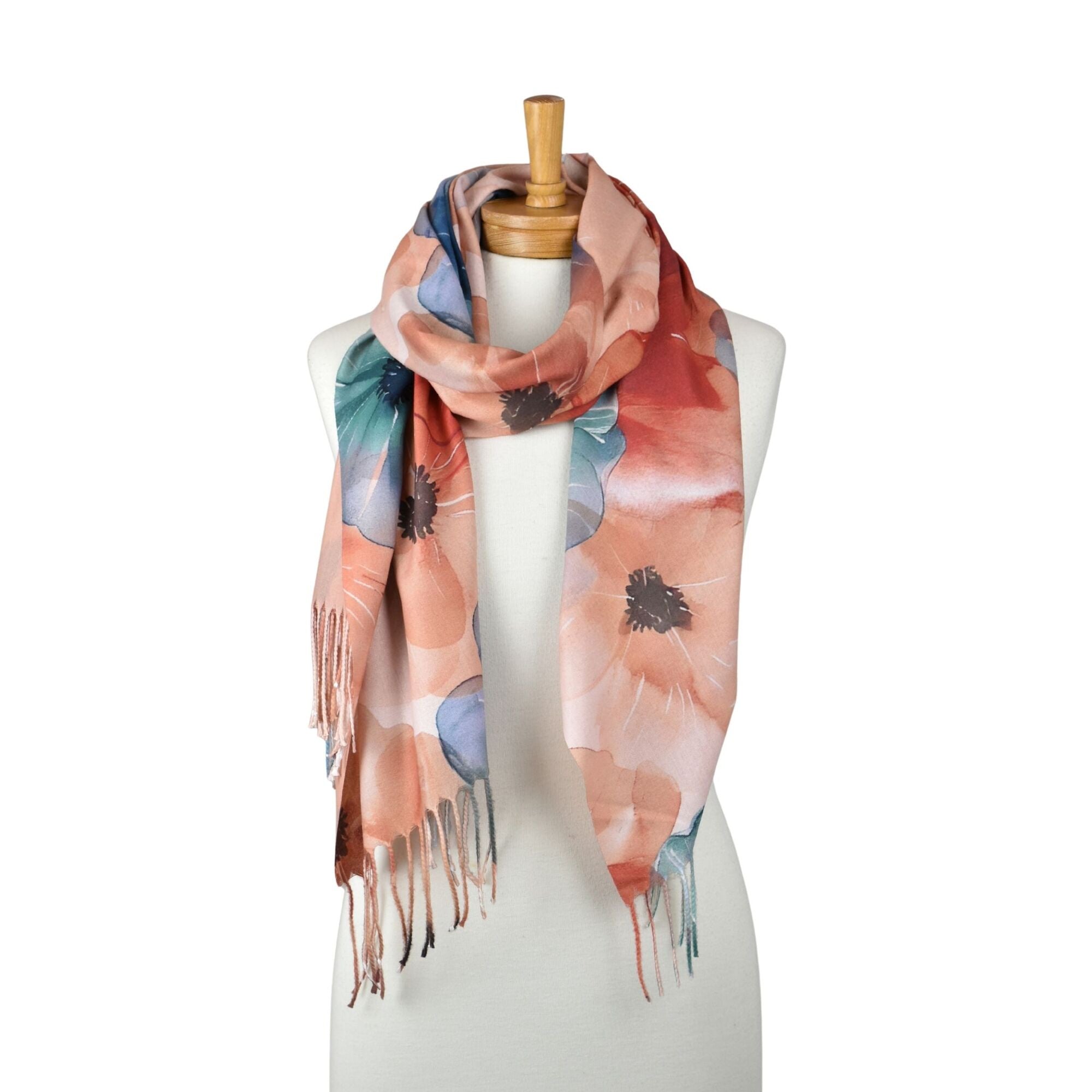 Watercolour Floral Fringed Scarf - Blue &amp; Pink
