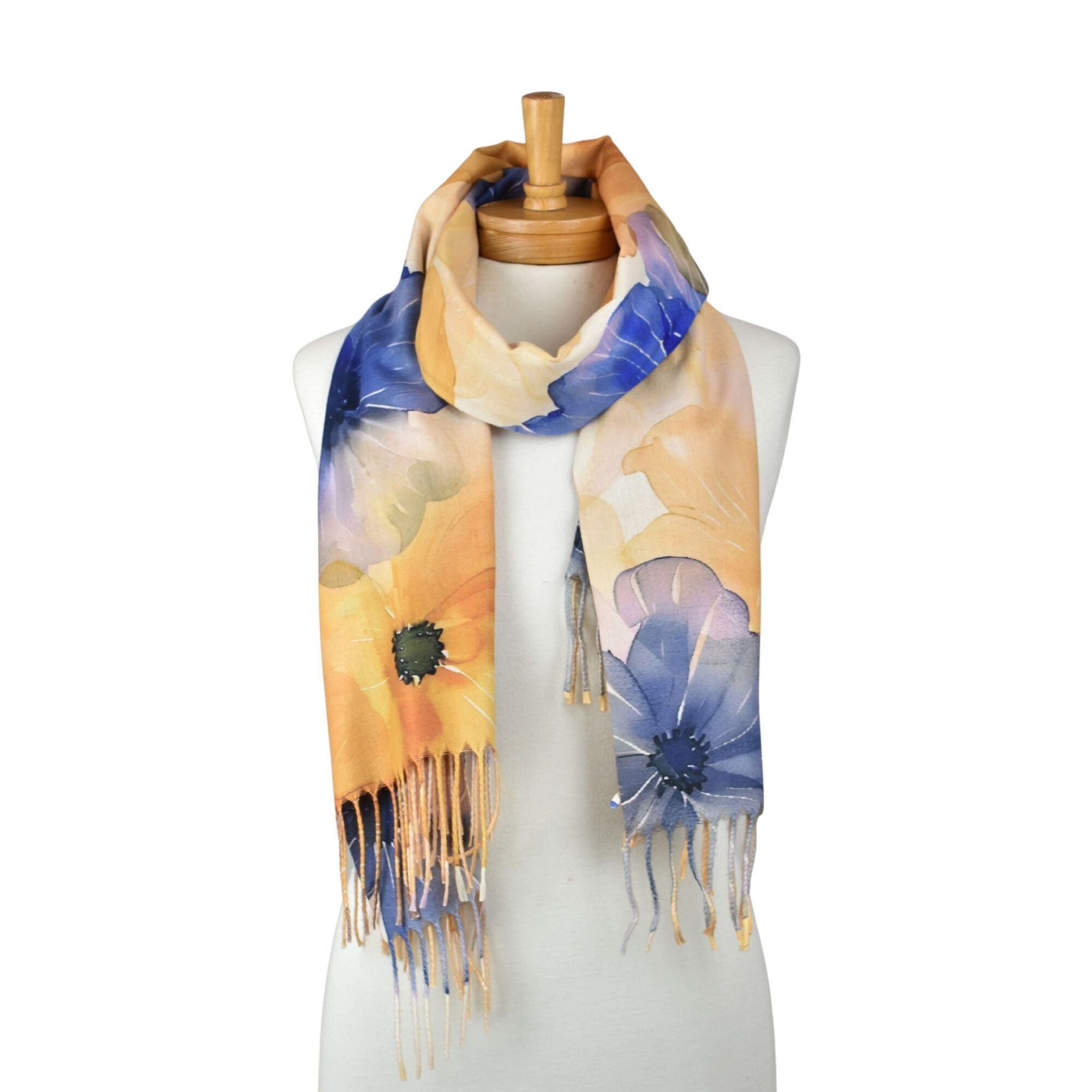 Watercolour Floral Fringed Scarf - Yellow &amp; Blue