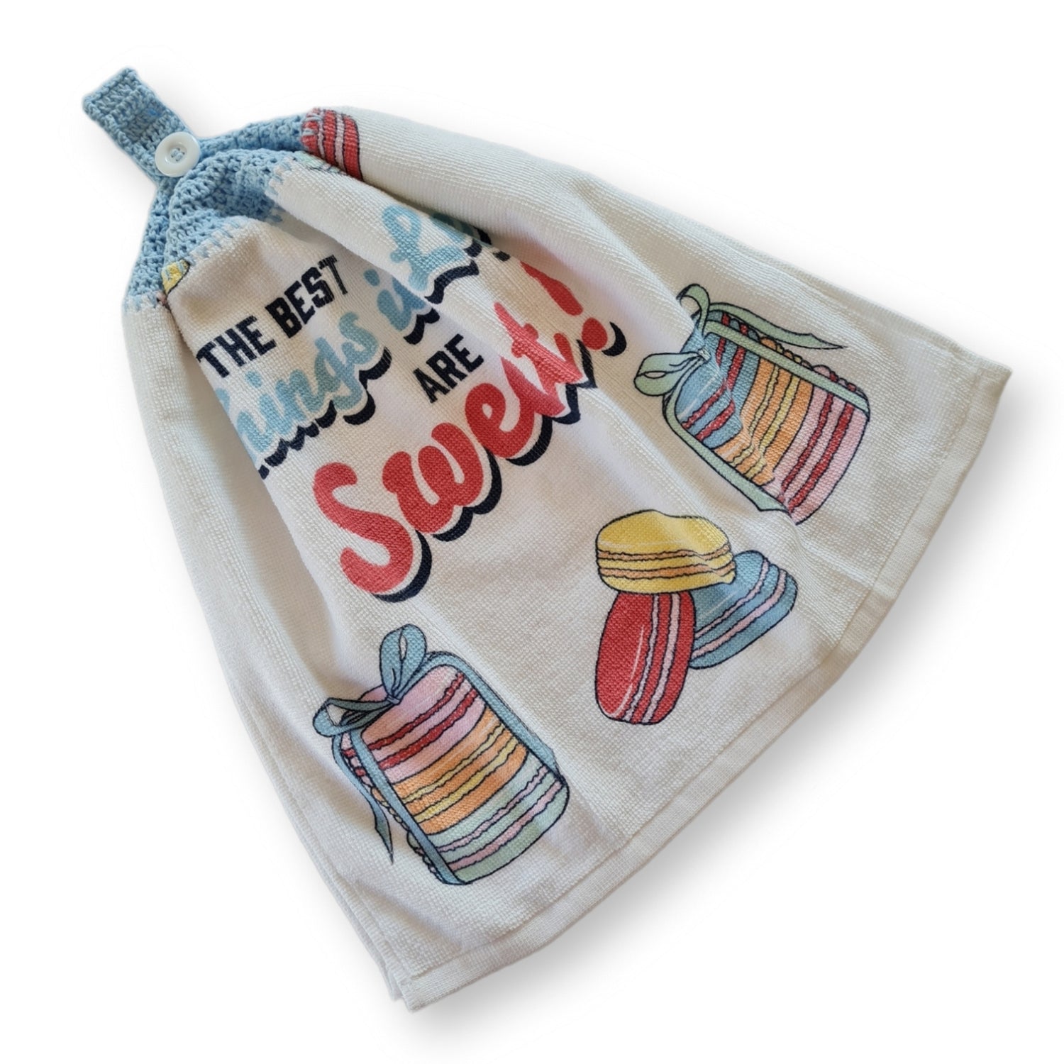Crochet topped hanging kitchen hand towel - The Best Things in Life are Sweet