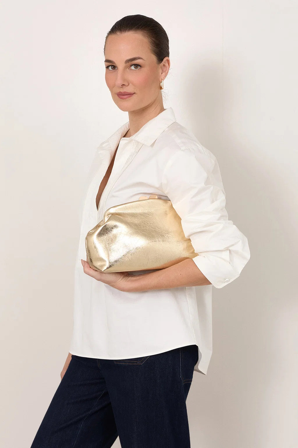 Archer Metallic Clip Top Clutch - Gold