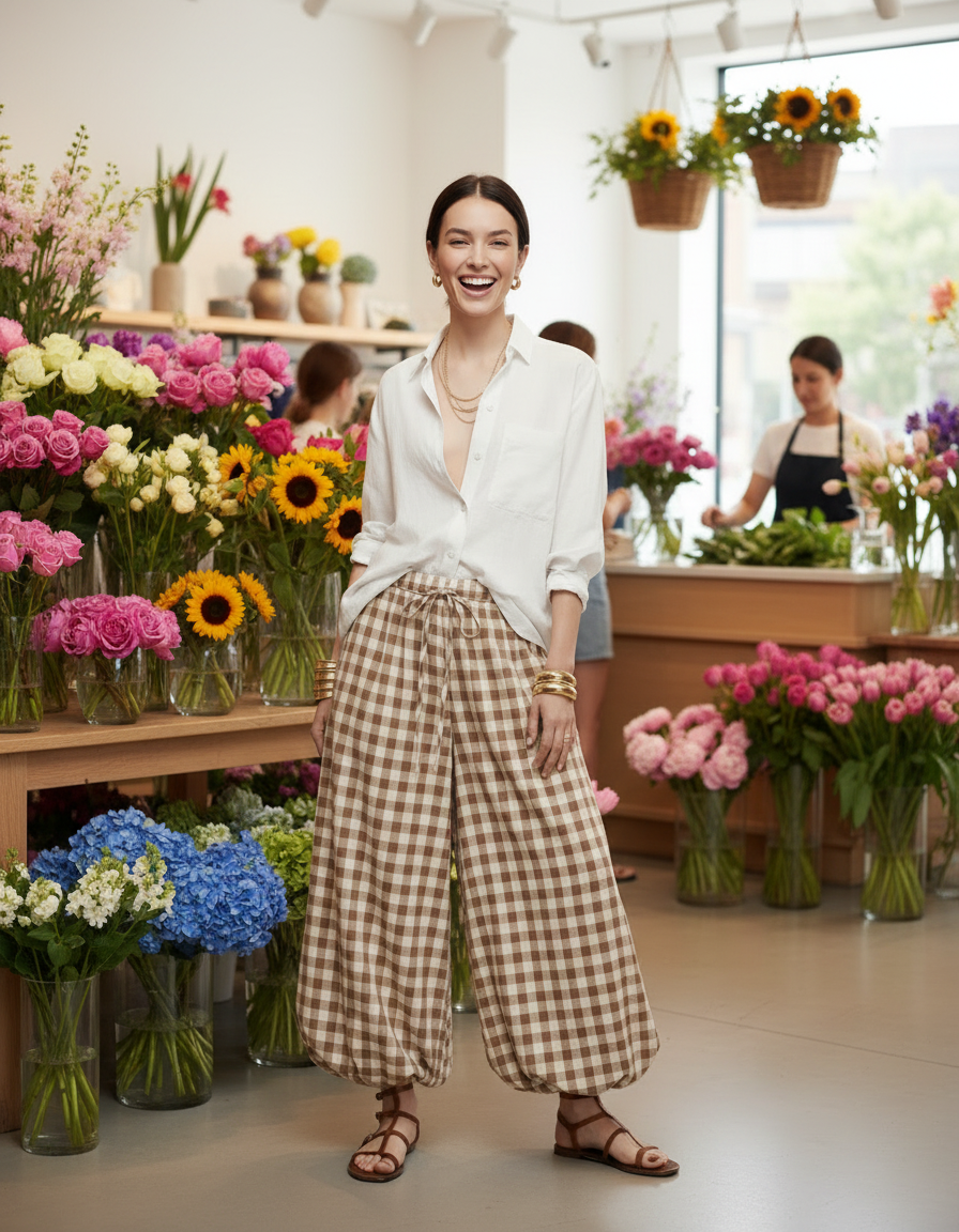 Balloon Check Pant - Latte