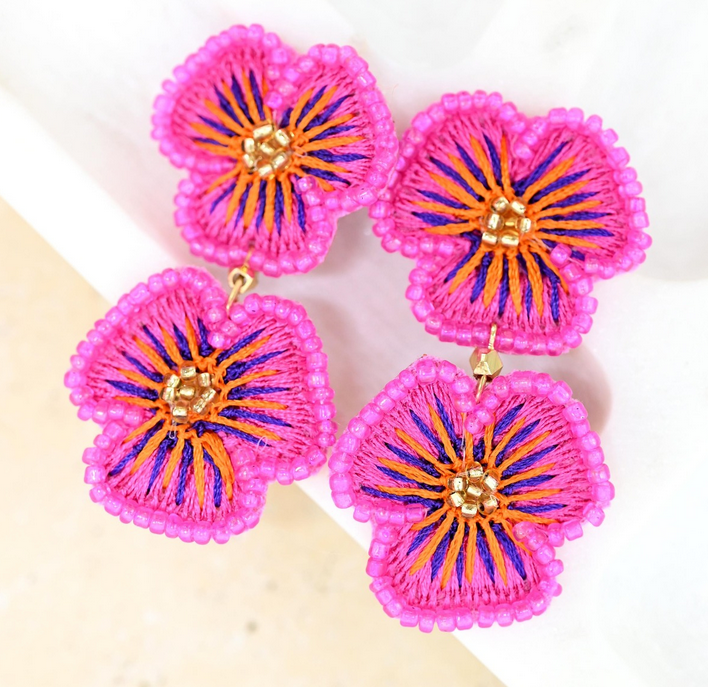 Beaded Pink Flower Earrings
