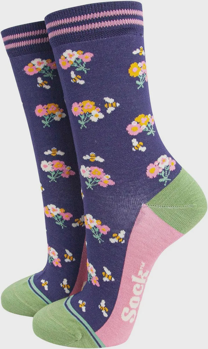 Bees Floral Posy Bamboo Socks in Navy Blue