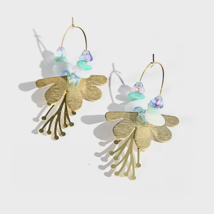 Blue Flower Brass Hoops